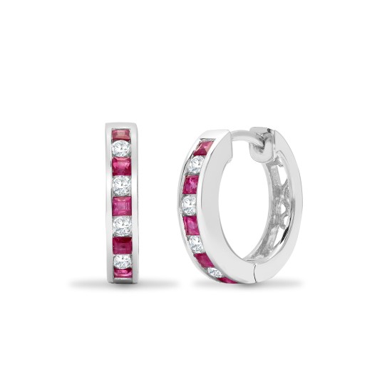 18ct White gold Natural Diamond 21pt and ruby 43pt Hoop Earrings with a hinge notched post fixing.