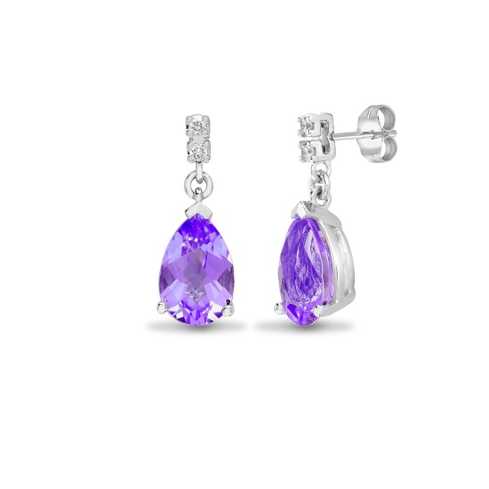18ct White gold Natural Diamond 5pt and amethyst 2.30ct drop stud earrings.