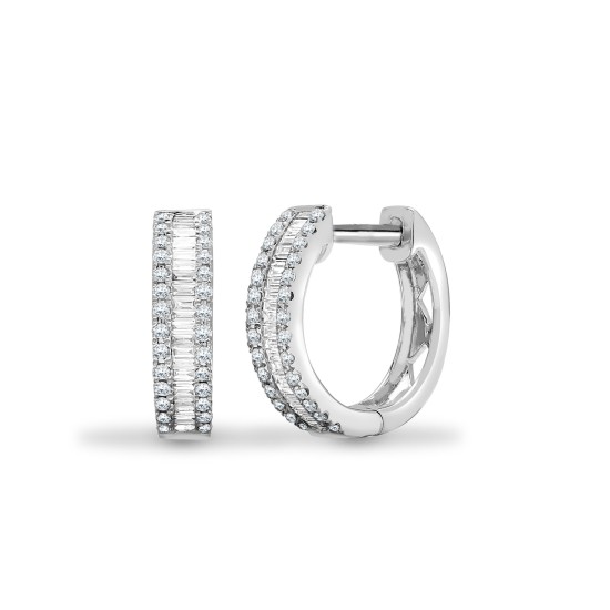 18ct White Gold 0.40ct Round & Baguette Natural Diamond Hoop Earrings