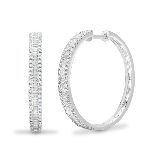 18ct White Gold 1.05ct Round & Baguette Natural Diamond Hoop Earrings