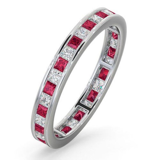 18ct White Gold Channel Set Princess Cut Full Eternity Ring Natural Diamond 0.50ct Ruby 0.60ct H Si