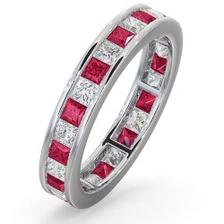 18ct White Gold Channel Set Princess Cut Full Eternity Ring Natural Diamond 1.00ct Ruby 1.25ct G VS