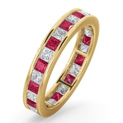 18ct Yellow Gold Channel Set Princess Cut Full Eternity Ring Natural Diamond 1.00ct Ruby 1.25ct GVS