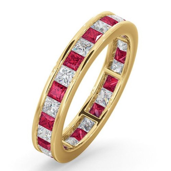 18ct Yellow Gold Channel Set Princess Cut Full Eternity Ring Natural Diamond 1.00ct Ruby 1.25ct H Si