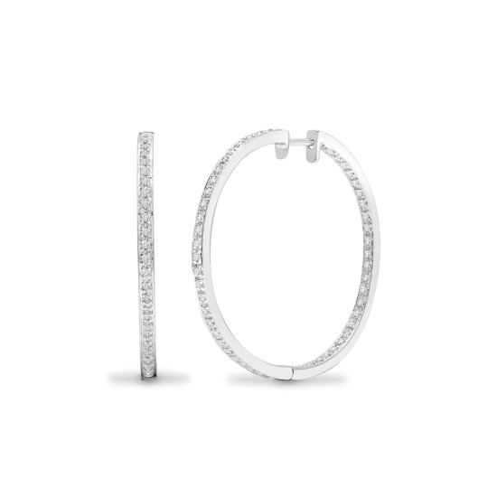 9ct white gold 80pt Natural Diamond Hoop Earrings with a hinge and a notched post fixing.