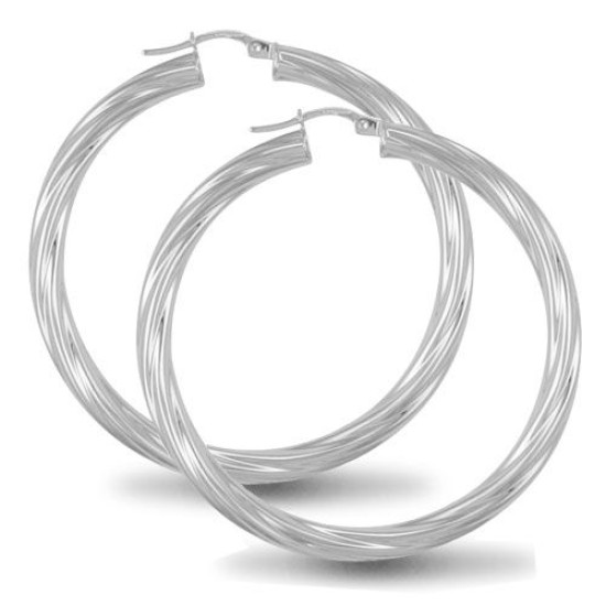 925 Sterling Silver 4mm round-tube twisted creole Hoop Earrings