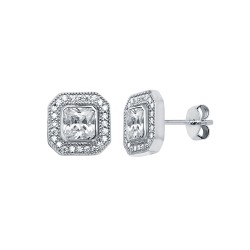 925 Silver Square CZ Set Halo Stud Earrings 925 Silver Square CZ Set Halo Stud Earrings