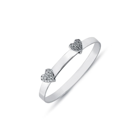 925 Sterling Silver CZ Set Twin Heart Expanding Baby / Childrens Bangle