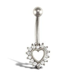 9ct White Gold Cubic Zirconia Heart Belly Bar