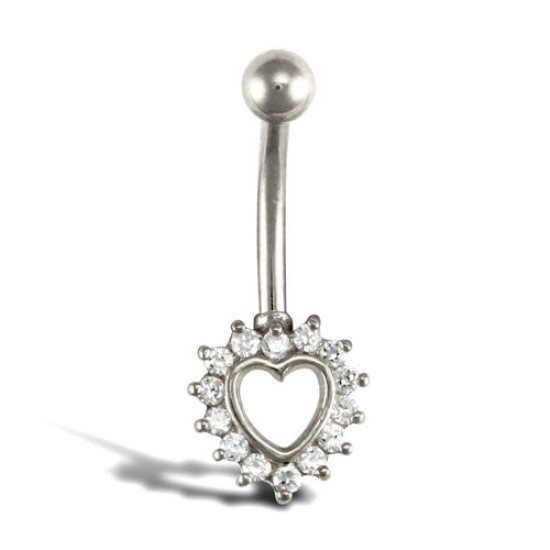 9ct White Gold Cubic Zirconia Heart Belly Bar