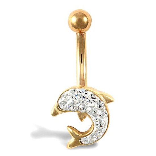 9ct Yellow Gold White Crystal Dolphin Belly Bar