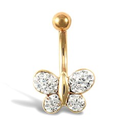 9ct Yellow Gold White Crystal Butterfly Belly Bar