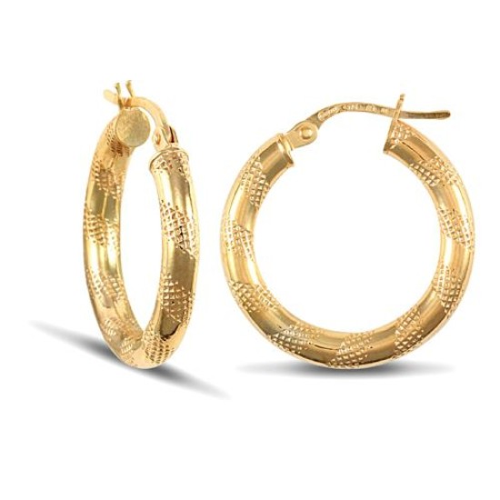 9ct yellow gold 3mm creole Hoop Earrings with a textured stripe design.