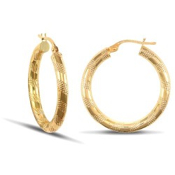 9ct yellow gold 3mm creole Hoop Earrings with a textured stripe design.
