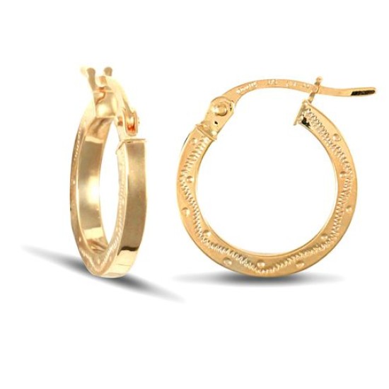9ct yellow gold square-tube creole Hoop Earrings with a engraved wavy design.