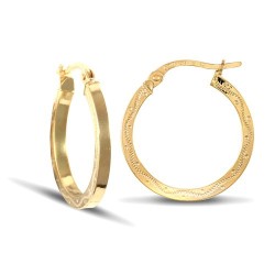 9ct yellow gold square-tube creole Hoop Earrings with a engraved wavy design.