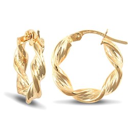 9ct yellow gold twisted creole Hoop Earrings textured with a barked pattern.