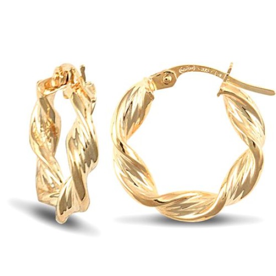 9ct yellow gold twisted creole Hoop Earrings textured with a barked pattern.