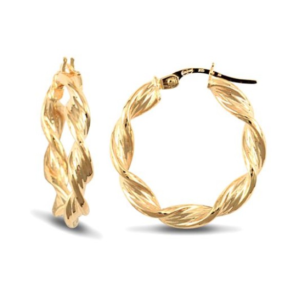 9ct yellow gold twisted creole Hoop Earrings textured with a barked pattern.