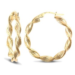 9ct yellow gold twisted creole Hoop Earrings textured with a barked pattern.