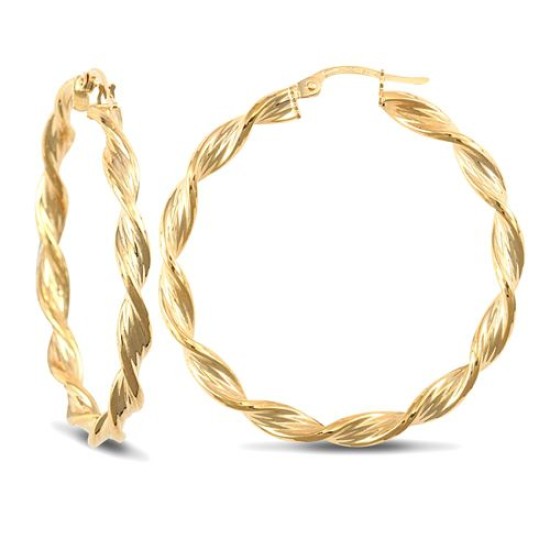 9ct yellow gold twisted creole Hoop Earrings textured with a barked pattern.