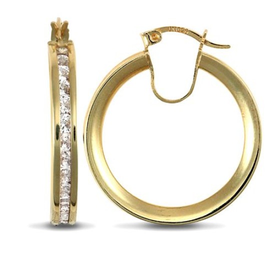 9ct yellow gold creole Hoop Earrings channel set with cubic zirconia stones.