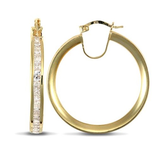 9ct yellow gold creole Hoop Earrings channel set with cubic zirconia stones.