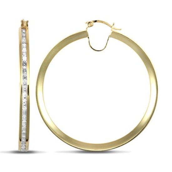 9ct yellow gold creole Hoop Earrings channel set with cubic zirconia stones.