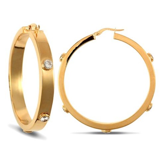 9ct yellow gold 6mm square-tube hoop creole earrings with rub-over set cubic zirconia stones.