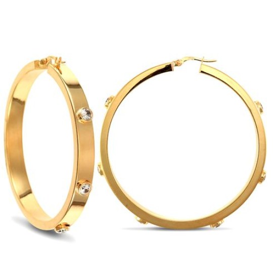 9ct yellow gold 6mm square-tube hoop creole earrings with rub-over set cubic zirconia stones.