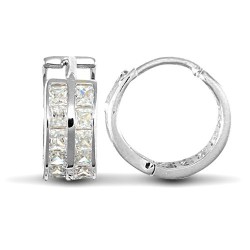 9ct white gold huggie Hoop Earrings channel set with 2 rows of Princess cut cubic zirconia stones.