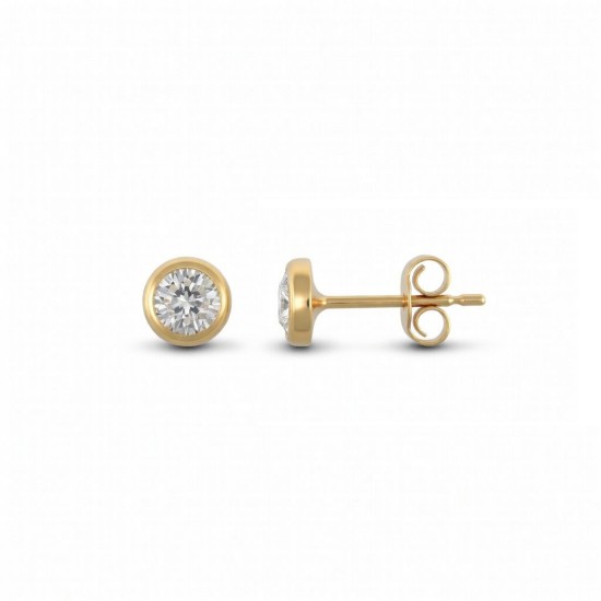 9ct yellow gold round stud earrings rub-over set with a solitaire cubic zirconia stone.