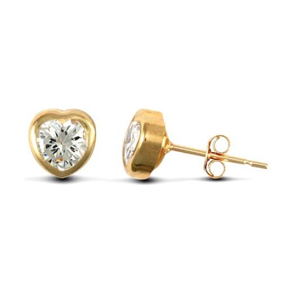 9ct yellow gold heart shaped stud earrings rub-over set with a solitaire cubic zirconia stone.