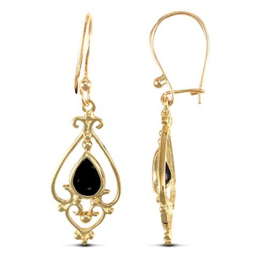 9ct yellow gold chandelier drop earrings set with a single pear-shaped sapphire.