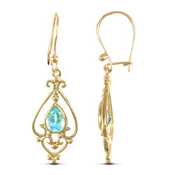 9ct yellow gold chandelier drop earrings set with a single pear-shaped blue topaz stone.