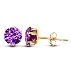9ct yellow gold Stud Earrings claw-set with a 5mm solitaire purple cubic zirconia stone.