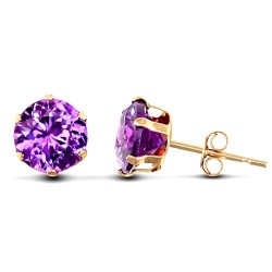 9ct yellow gold Stud Earrings claw-set with a 6mm solitaire purple cubic zirconia stone.