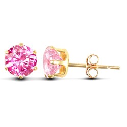 9ct yellow gold Stud Earrings claw-set with a 6mm solitaire pink cubic zirconia stone.