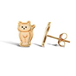 9ct yellow gold cat stud earrings with an enamelled design