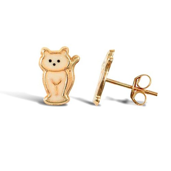 9ct yellow gold cat stud earrings with an enamelled design