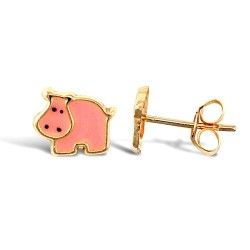 9ct yellow gold hippo stud earrings with an enamelled design