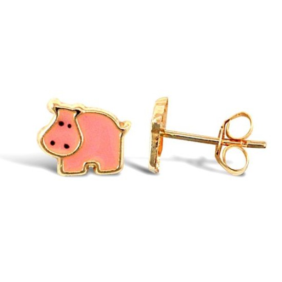 9ct yellow gold hippo stud earrings with an enamelled design
