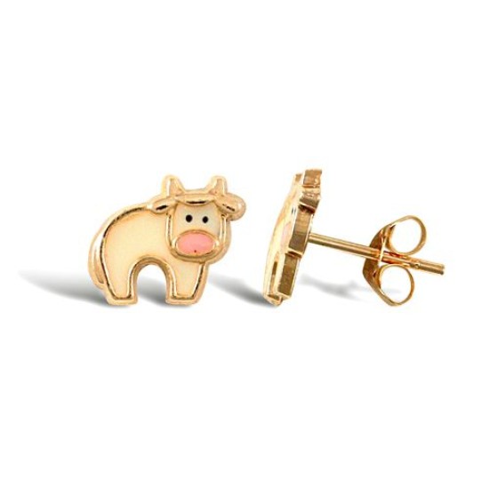 9ct yellow gold cow stud earrings with an enamelled design