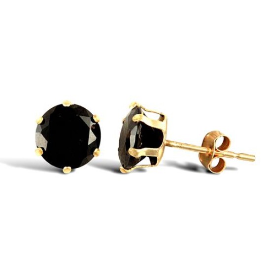 Solid 9ct yellow gold hand finished stud earrings claw-set with a 6mm solitaire black cubic zirconia stone