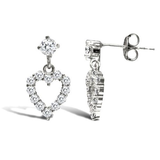 9ct white gold stud earrings a claw set cubic zirconia with a drop outlined heart surrounded with claw set cubic zirconia's