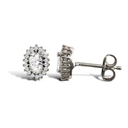 9ct white gold claw set oval cubic zirconia edged with surrounding claw set CZs Earrings