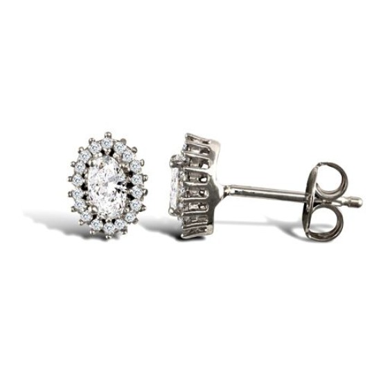 9ct white gold claw set oval cubic zirconia edged with surrounding claw set CZs Earrings
