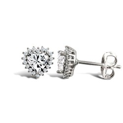 9ct white gold claw set heart shaped cubic zirconia edged with surrounding claw set CZs Earrings