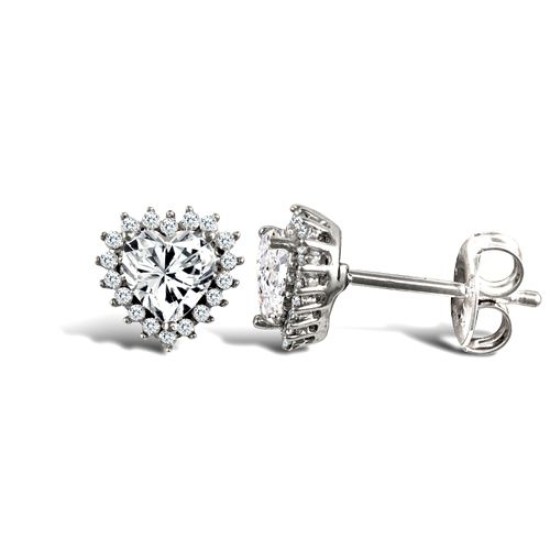 9ct white gold claw set heart shaped cubic zirconia edged with surrounding claw set CZs Earrings