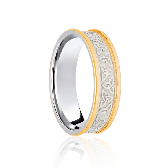 9ct White & Yellow Flat Court 6mm Celtic Laser Engraved Wedding Band